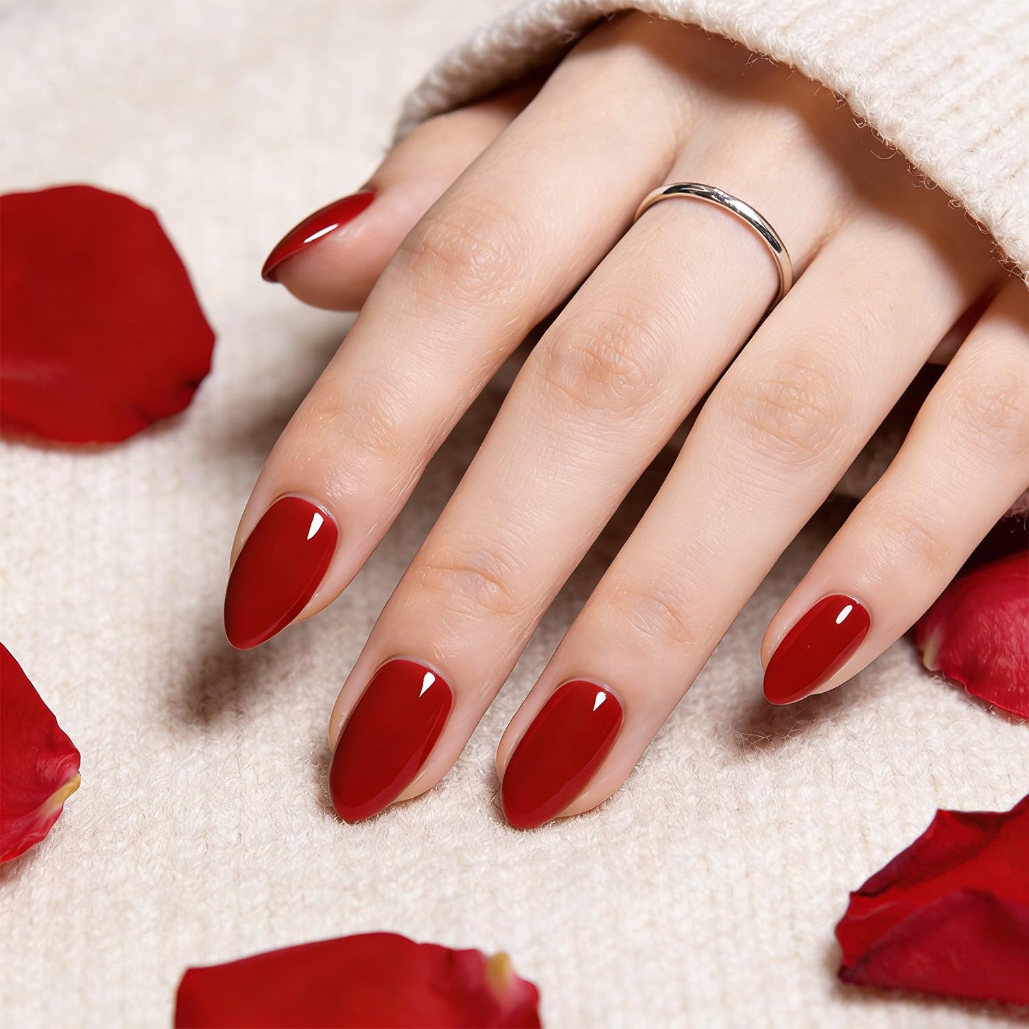 Modelones red almond press-on nails for bold, versatile style.