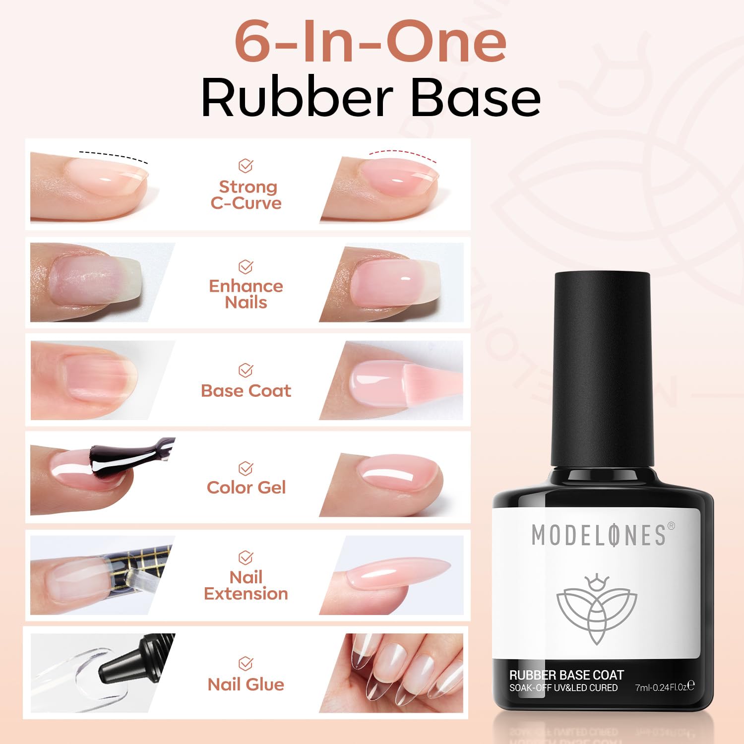 modelones Rubber Base Gel apex-builder action shapes natural curvature for stronger nails.