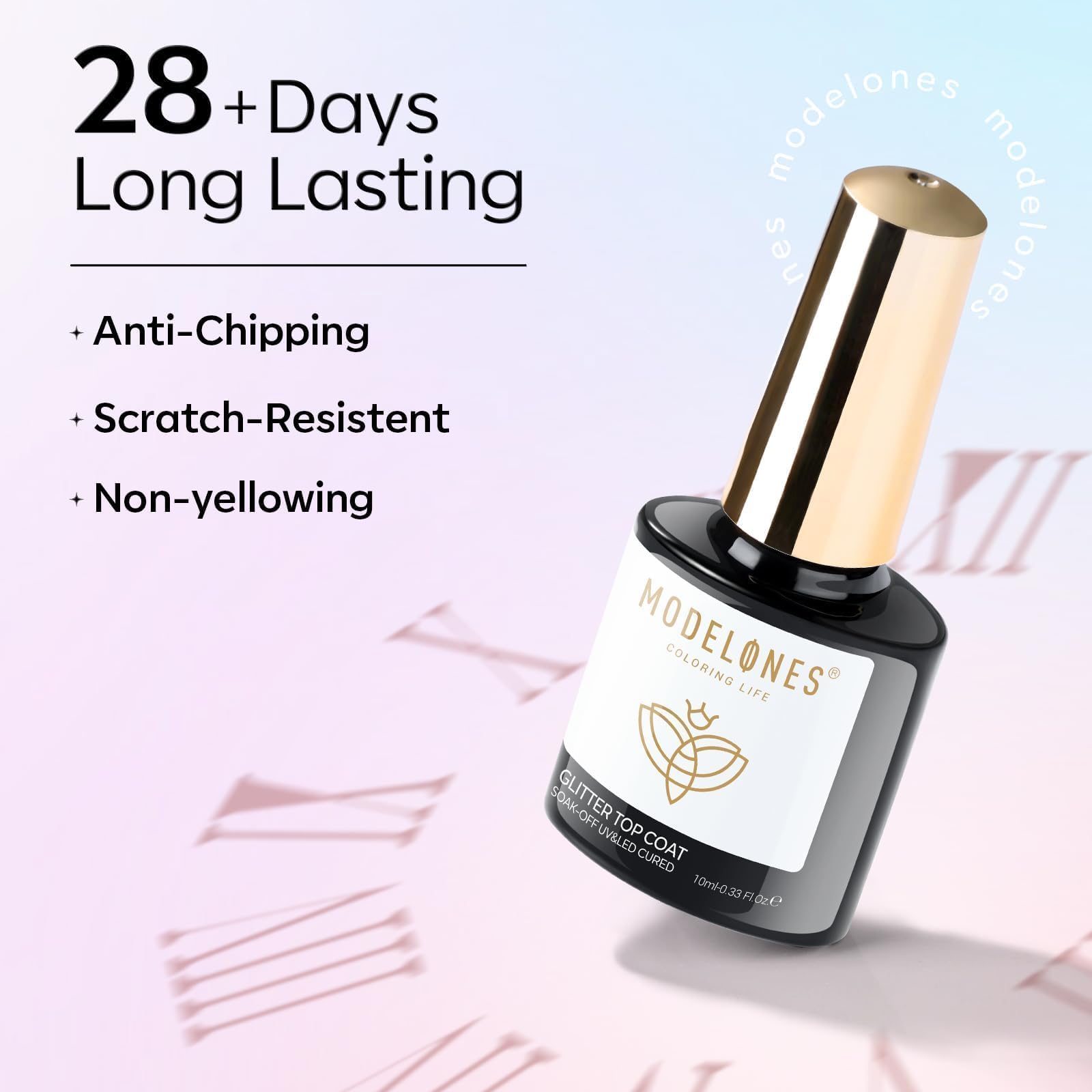 Modelones shake the bottle before use to ensure even glitter distribution.