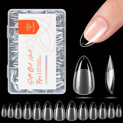 Modelones short almond nail tips packaging shown for easy at-home manicure.