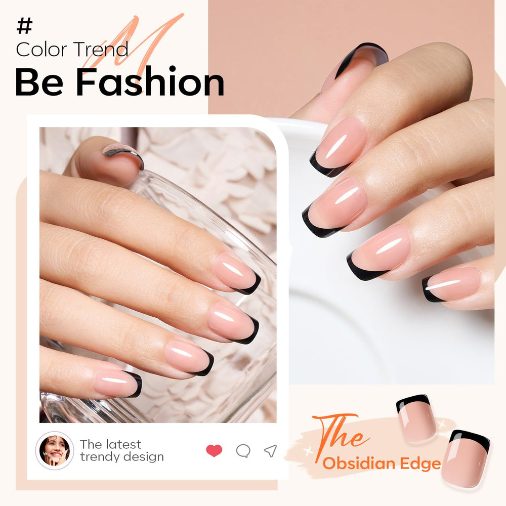 Modelones short square black French tip nails for versatile everyday looks.