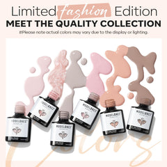 Modelones bottle close-up showing soft pink glitter shade for chic nails