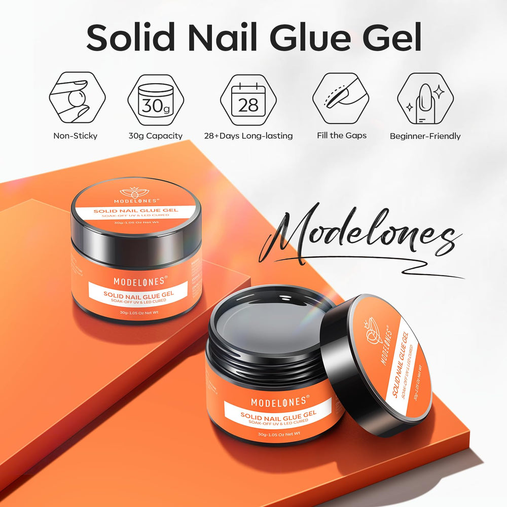 Modelones Solid Nail Glue 30g tip application demonstrating precise placement for secure tips