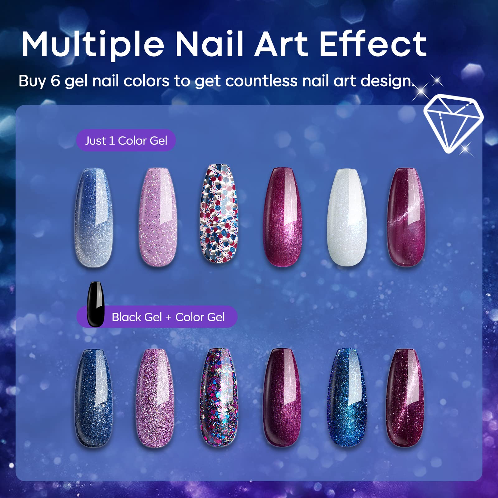 Modelones purple sparkle rainbow gel adds multidimensional shine before curing.