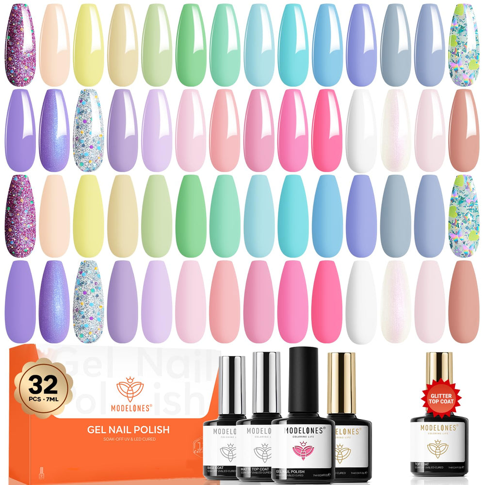 Modelones spring gel nail polish set display with 28 colors for versatile looks.