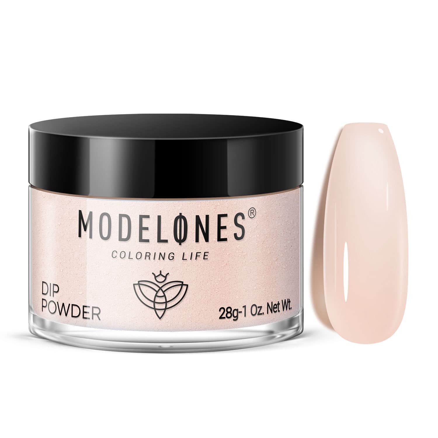 Modelones translucent sheer nude dip powder in 1oz jar with cap, long-lasting manicure.