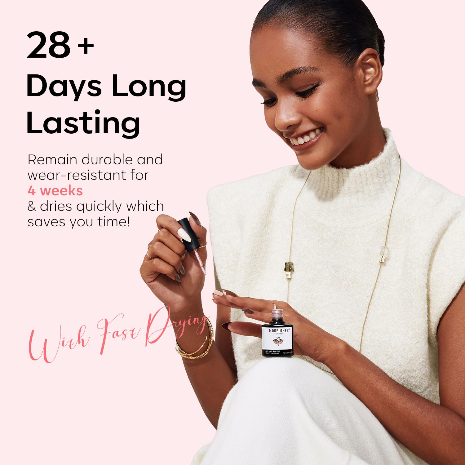 Modelones UV/LED cured polish for fast dry time and long-lasting shine.