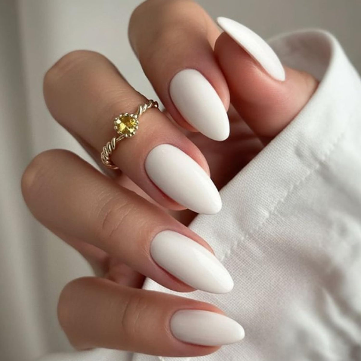 Modelones Valentine milky white almond press-on nails, short length for quick, stylish manicures.