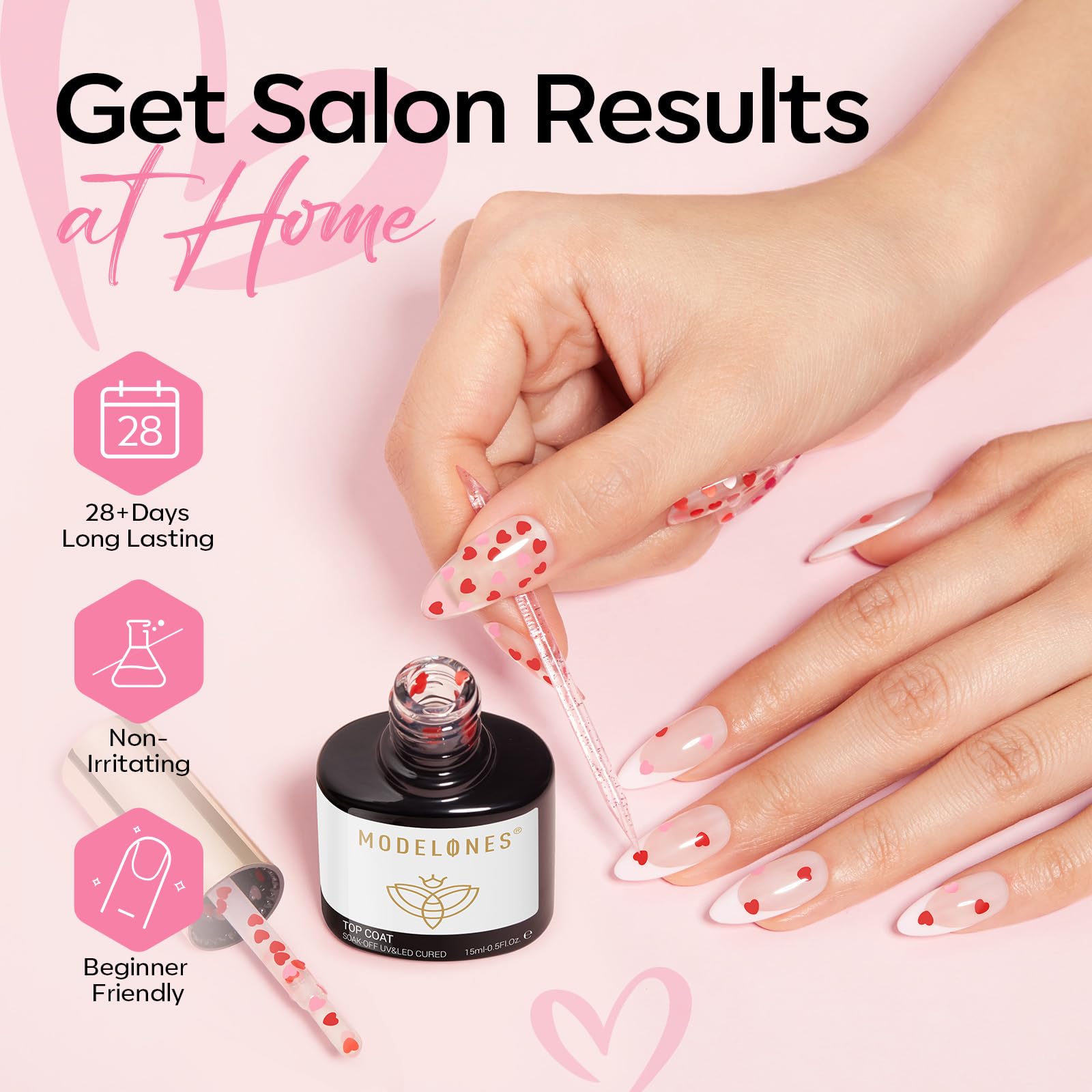 Valentine-inspired nail art idea using Modelones Heart Glitter Top Coat
