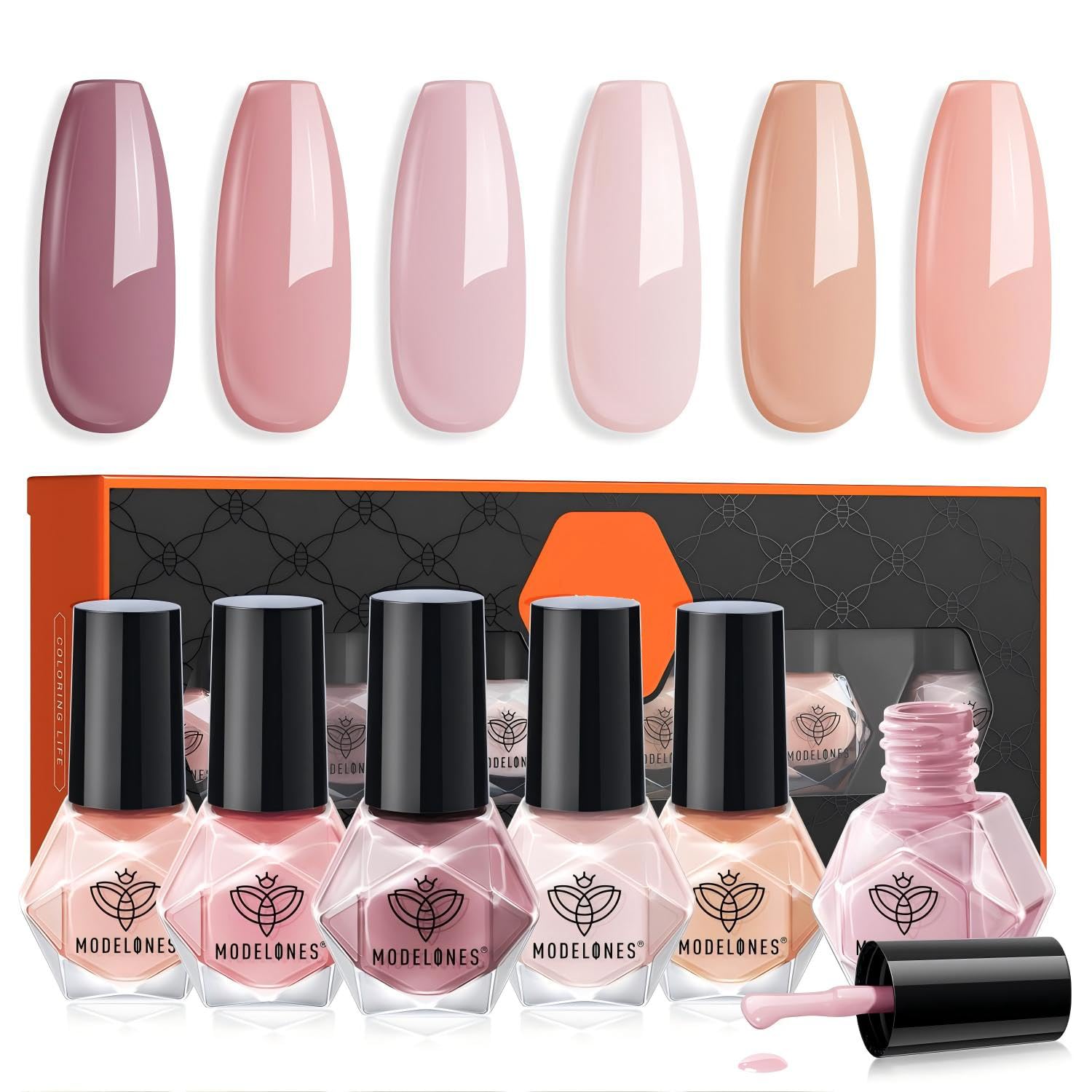 Modelones Valentines bottle close-up shows six nude-pink shades for quick manicures.