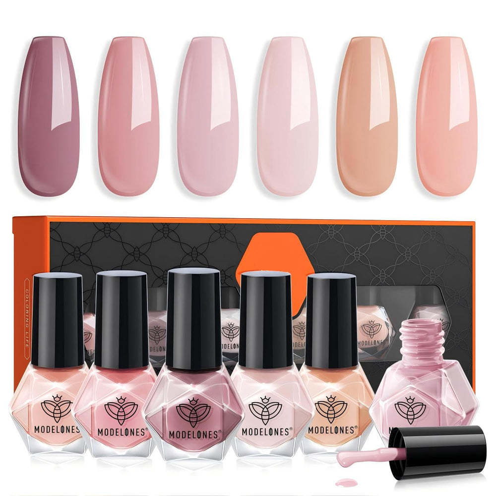 Modelones Valentines bottle close-up shows six nude-pink shades for quick manicures.