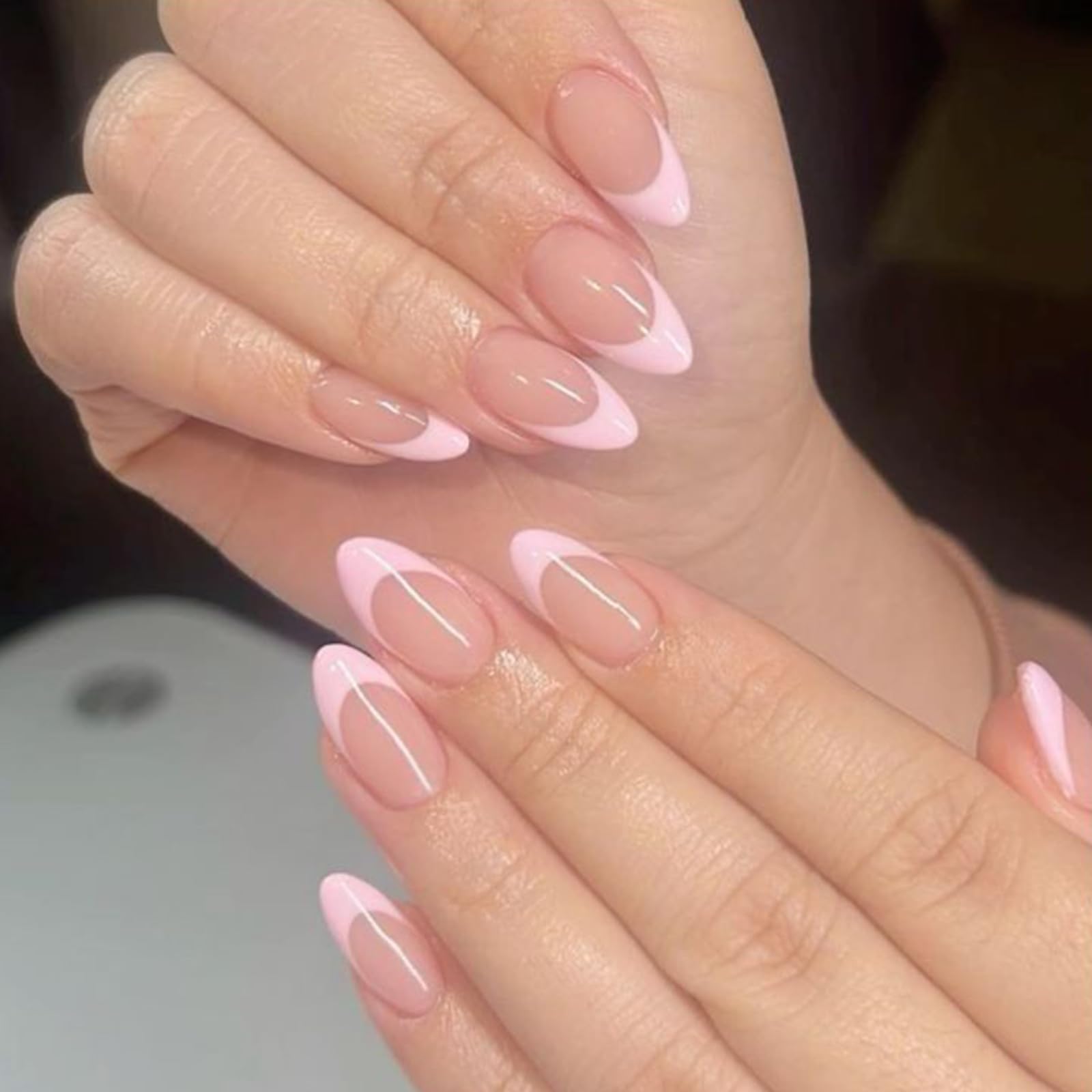 Modelones Valentines Pink French Almond nails kit for at-home manicure.