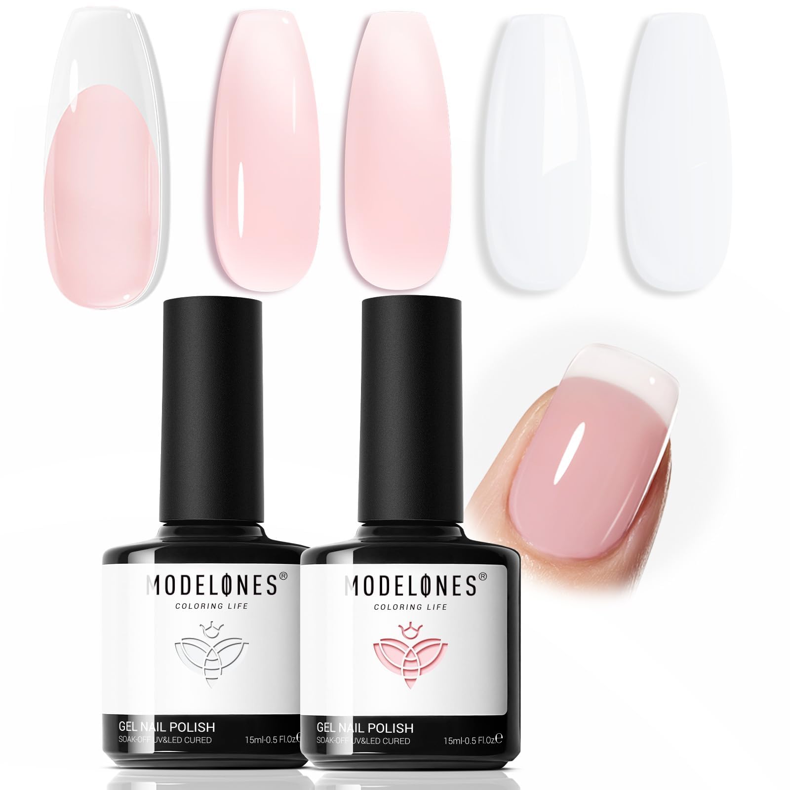 Modelones white gel polish 15ml for crisp French tips with lasting shine.
