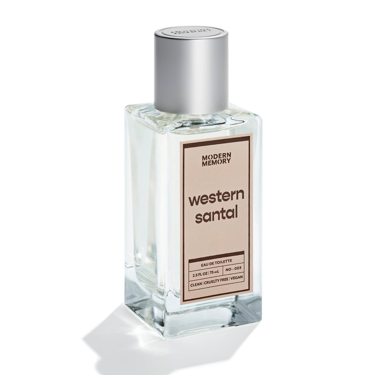 Modern Memory Western Santal bottle closeup showing premium fragrance and sleek packaging.