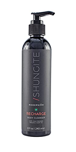 Modern ŌM Shungite Recharge Body Wash bottle front label for daily refreshment