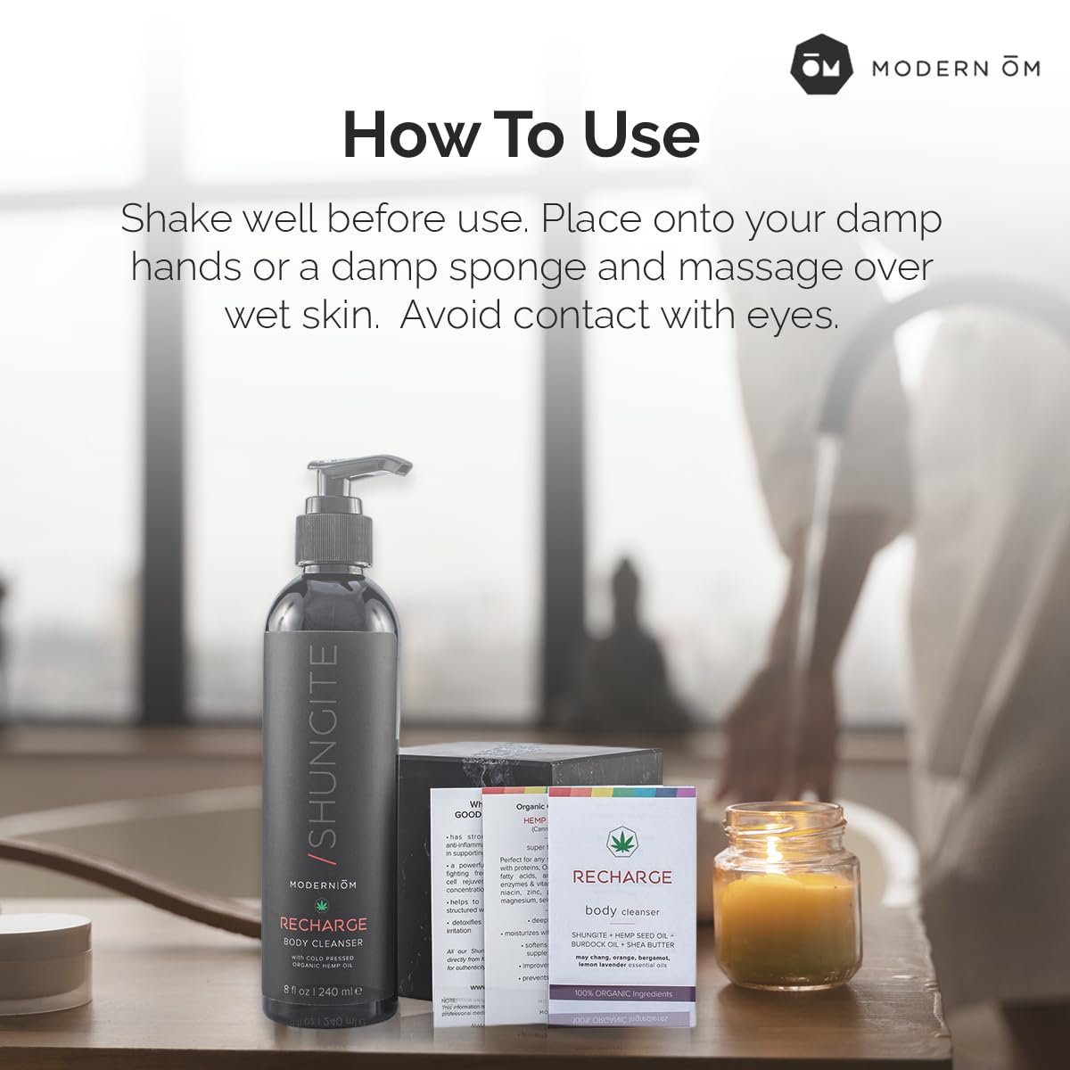 Modern ŌM Shungite Recharge bottle pour showing easy lather and use