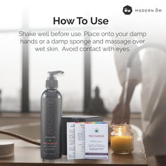 Modern ŌM Shungite Recharge bottle pour showing easy lather and use