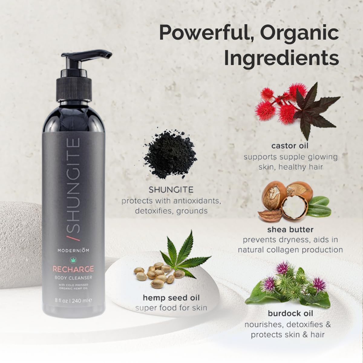 Close-up of hemp seed oil and shungite visuals highlight organic ingredients