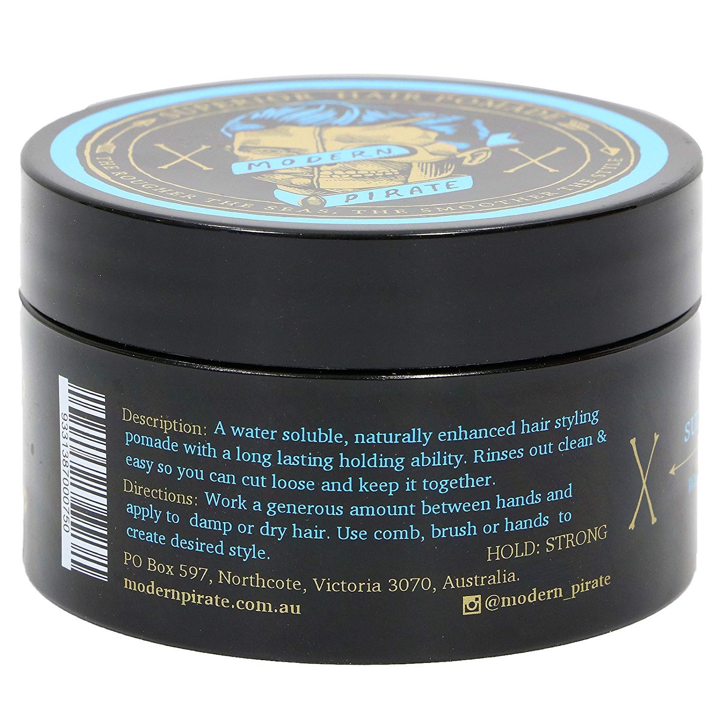 Modern Pirate pomade tin back label showing water soluble formula for easy washout