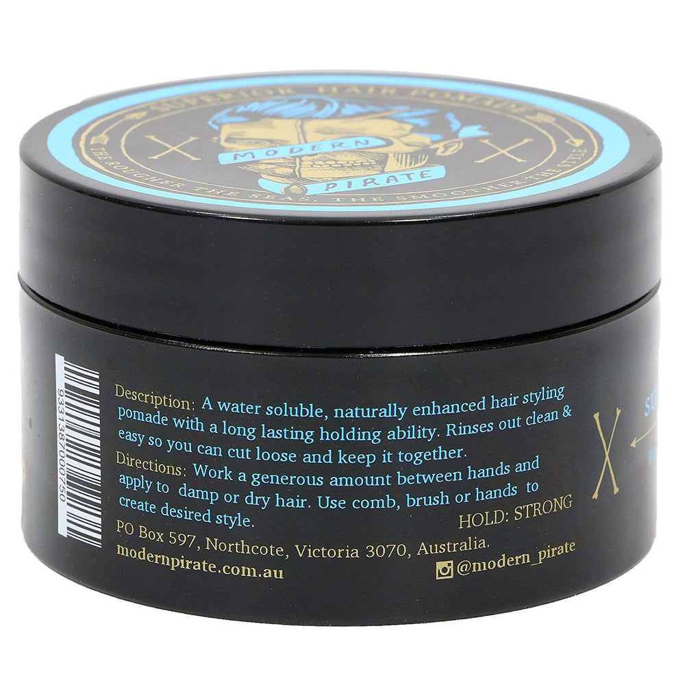 Modern Pirate pomade tin back label showing water soluble formula for easy washout