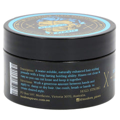 Modern Pirate pomade tin back label showing water soluble formula for easy washout