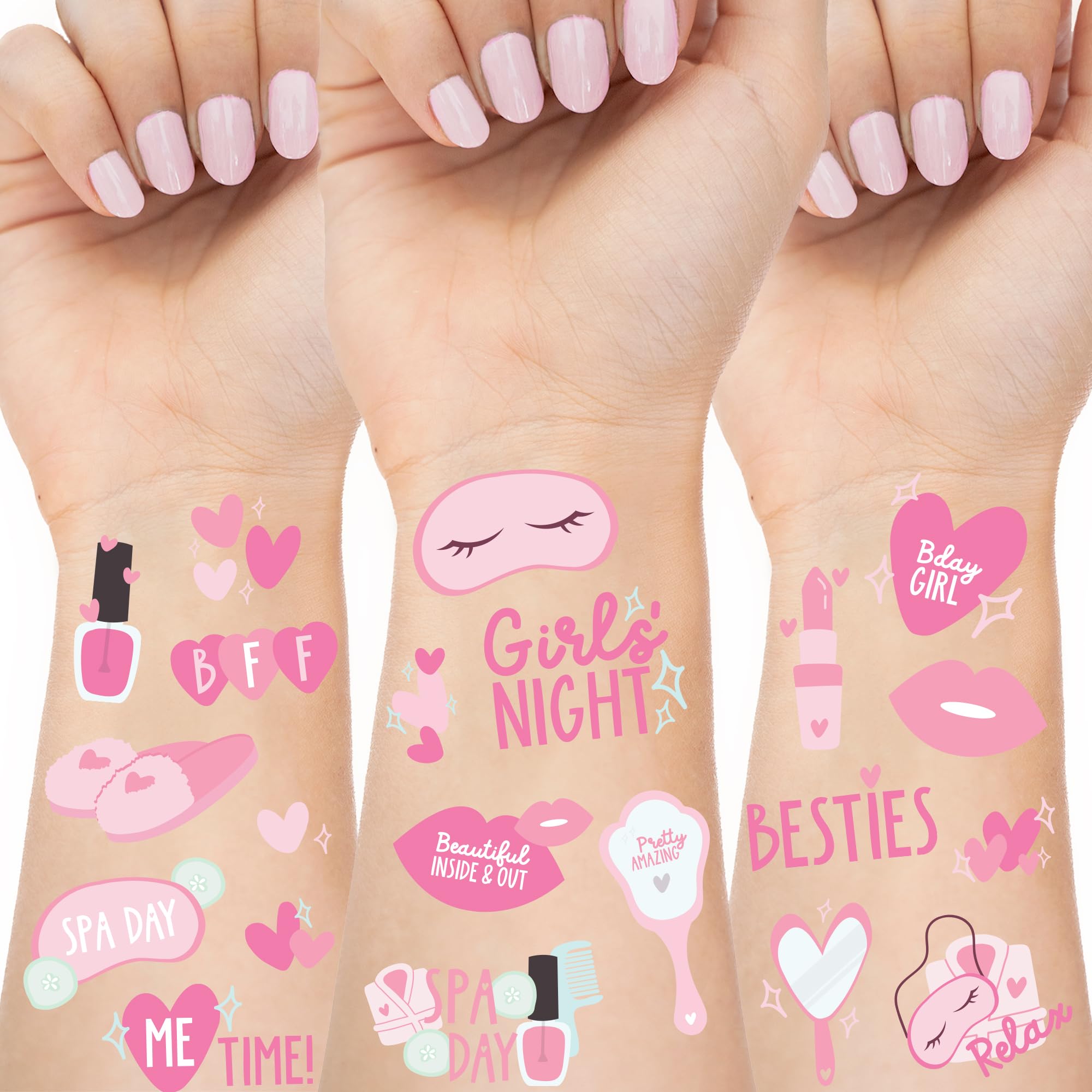 Modern Whimsy Spa Party Tattoos showcase 66 designs for shared sleepover fun