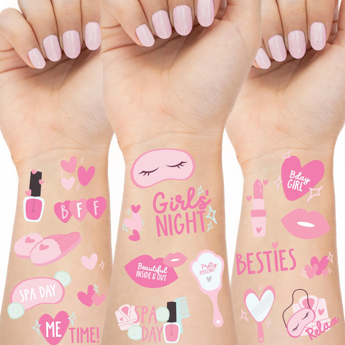 Modern Whimsy Spa Party Tattoos showcase 66 designs for shared sleepover fun