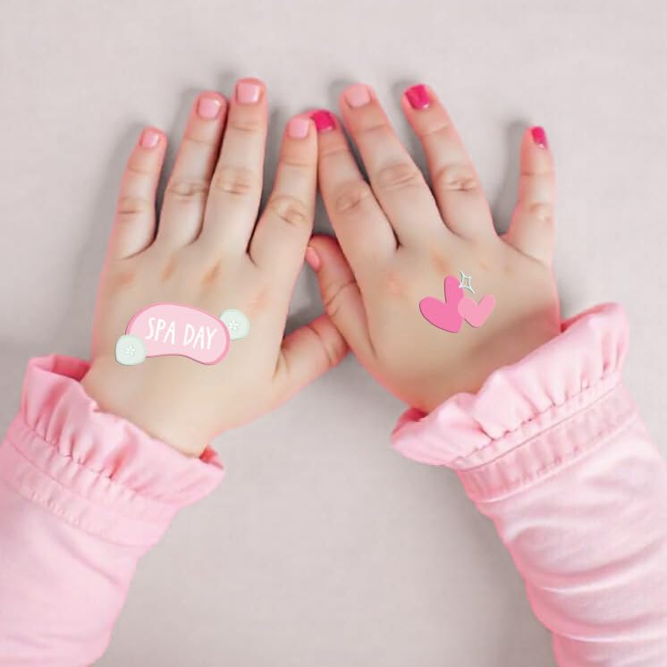 Modern Whimsy Spa Party Tattoos feature cute masks and hearts for party vibes