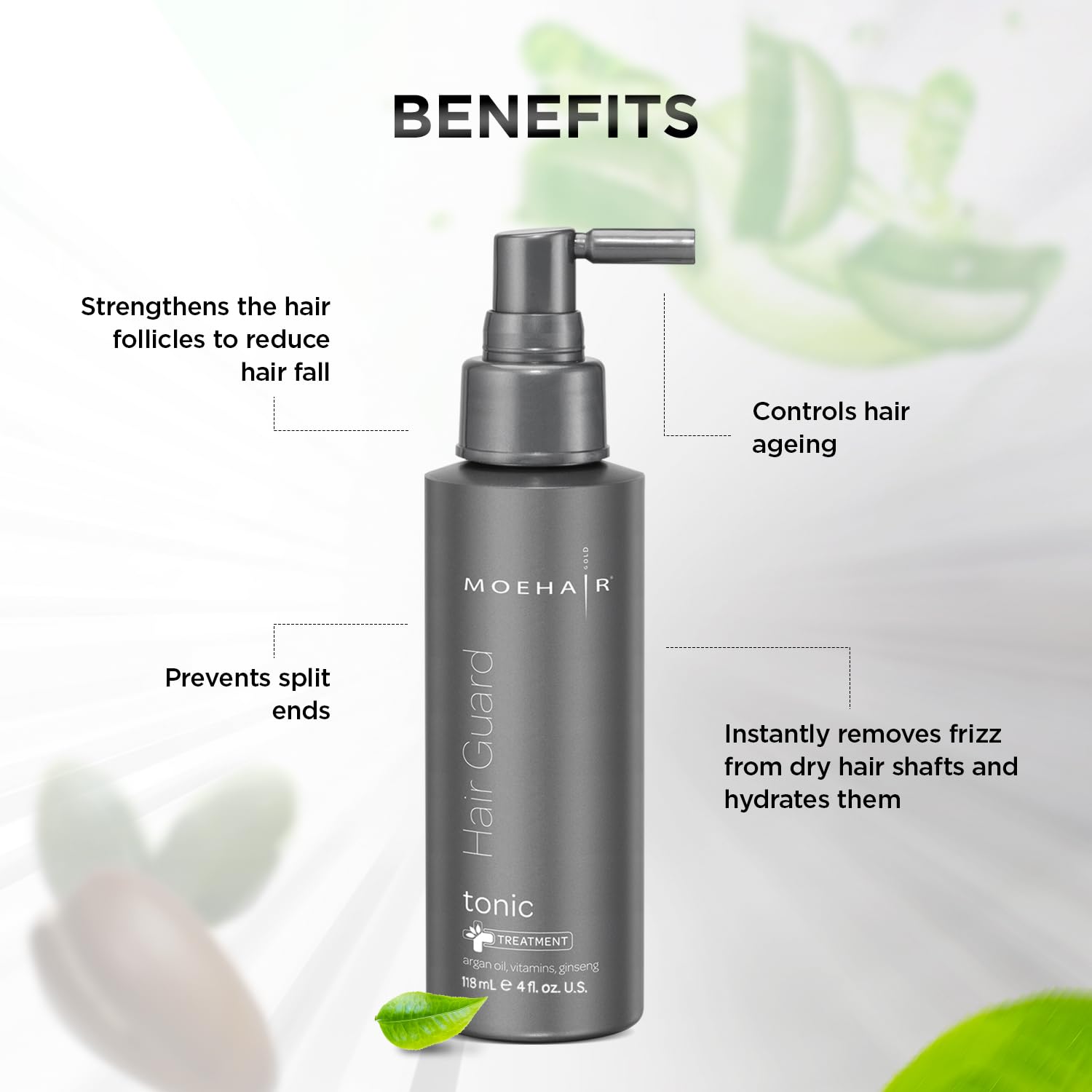 MOEHAIR Hair Guard Tonic with argan oil promotes nourishment for smooth strands.