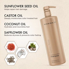 MOEHAIR Color Alive Shampoo label highlights paraben- and sulfate-free formula.
