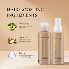 MOEHAIR leave-in conditioner spray applied to damp hair for detangling and shine