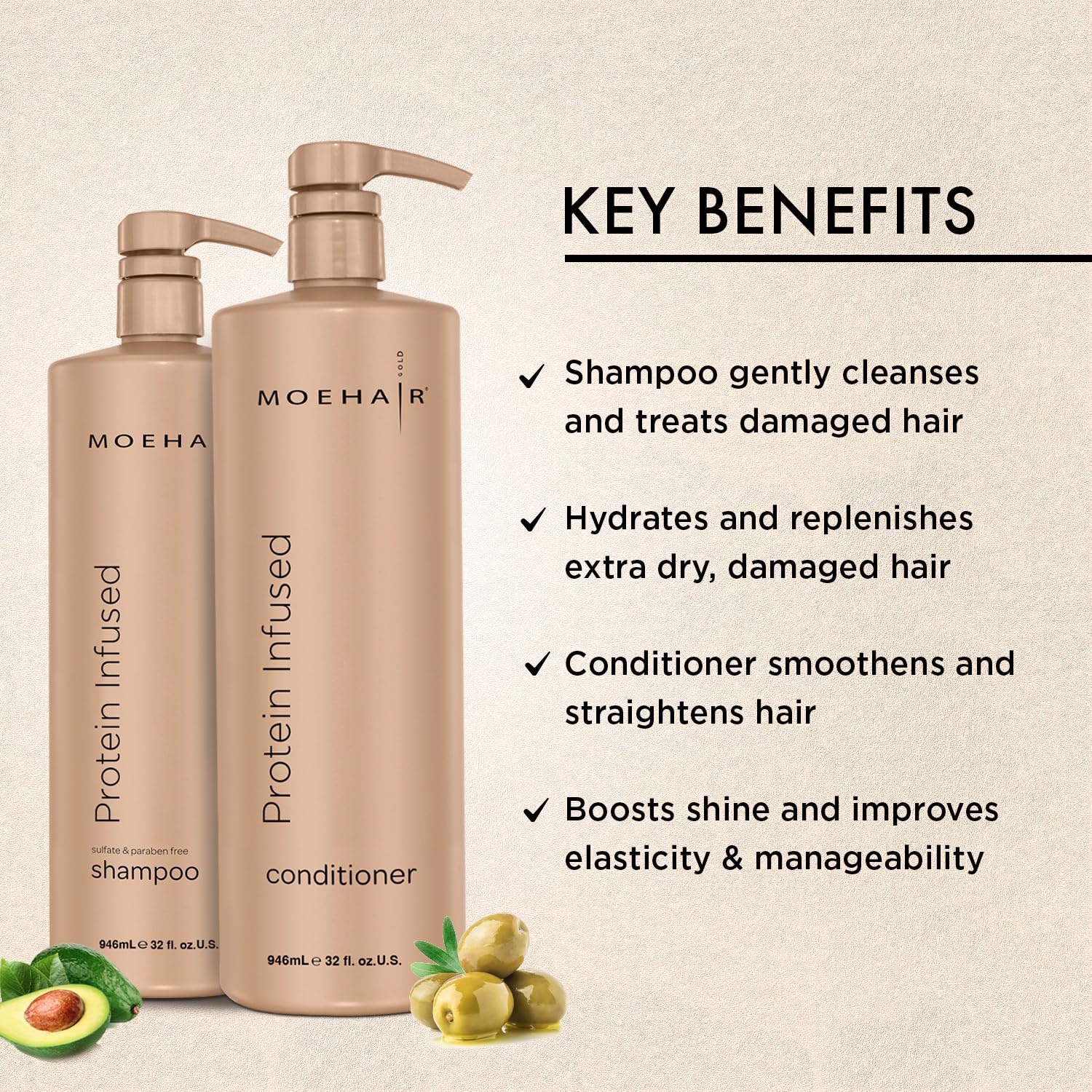 MOEHAIR protein conditioner jar emphasizes repair and smoothness.