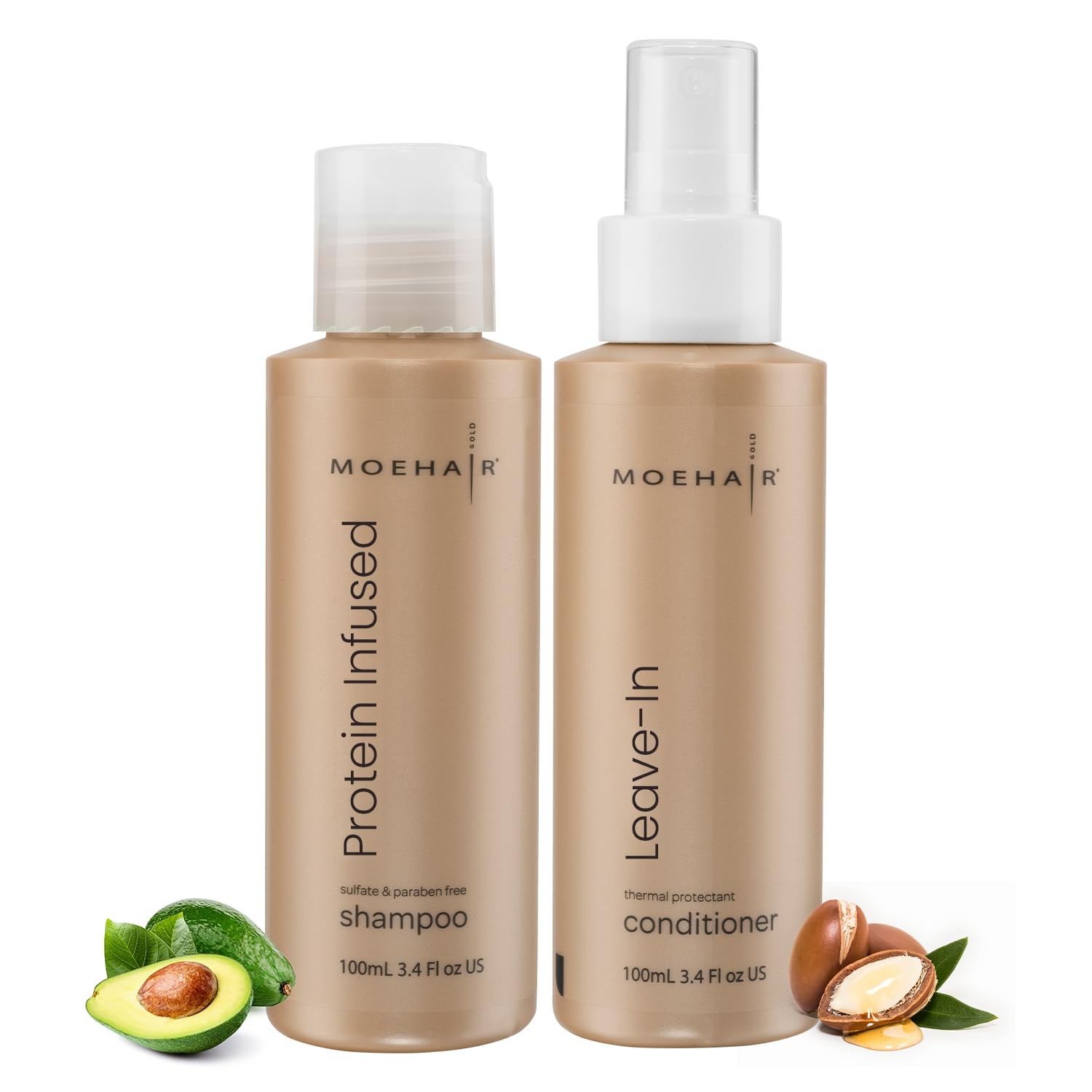 MOEHAIR protein-infused shampoo travel bottle displaying rich lather for hydrated, clean hair