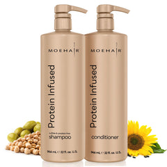 MOEHAIR protein shampoo bottle demonstrating strengthening formula.