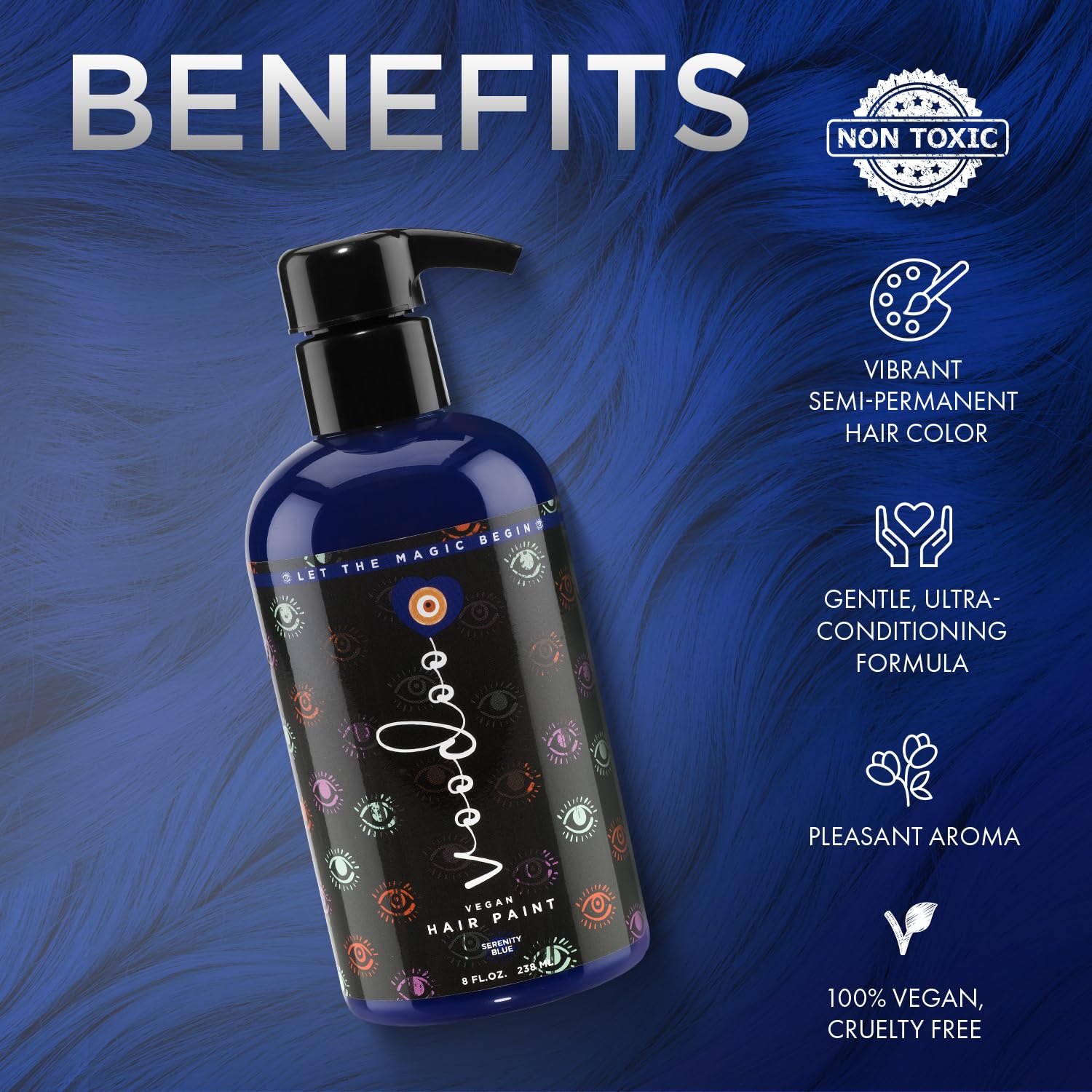MOEHAIR Serenity Blue application brush showcases precise color placement.