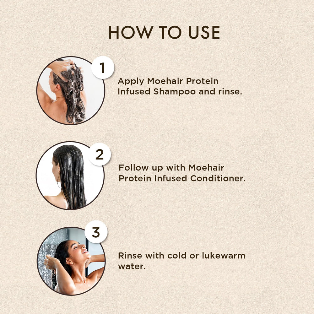 MOEHAIR shampoo on shower shelf suggests hydrating routine.