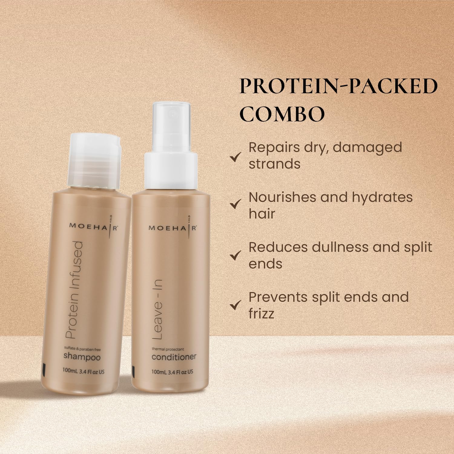 MOEHAIR sulfate-free travel shampoo bottle close-up for gentle cleansing