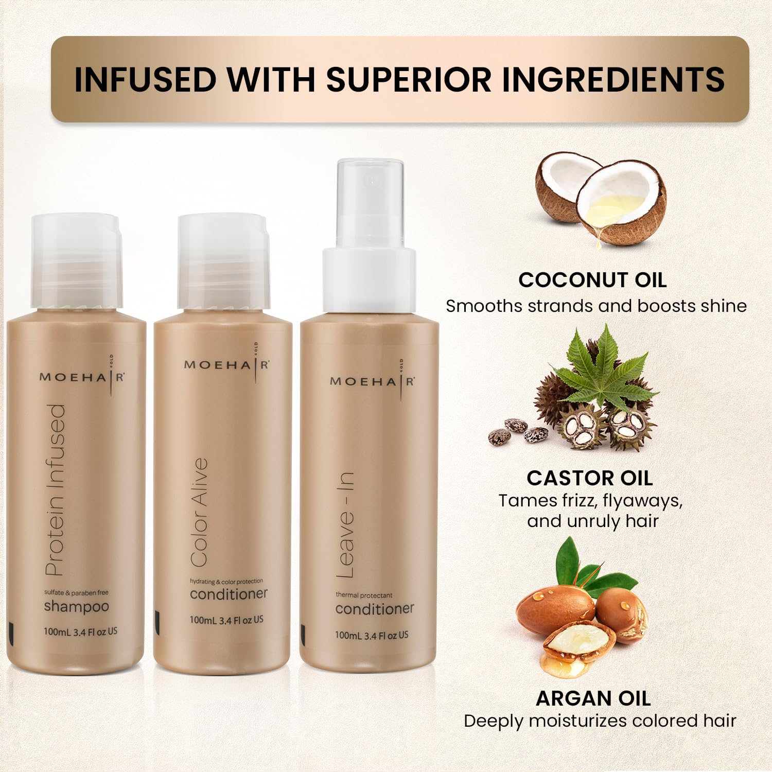 MOEHAIR Travel Trio conditioner bottle showcases color-safe care for color-treated hair.