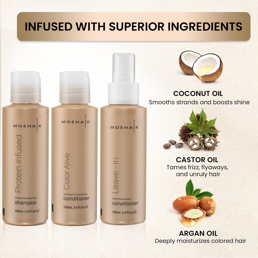 MOEHAIR Travel Trio conditioner bottle showcases color-safe care for color-treated hair.