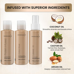 MOEHAIR Travel Trio conditioner bottle showcases color-safe care for color-treated hair.