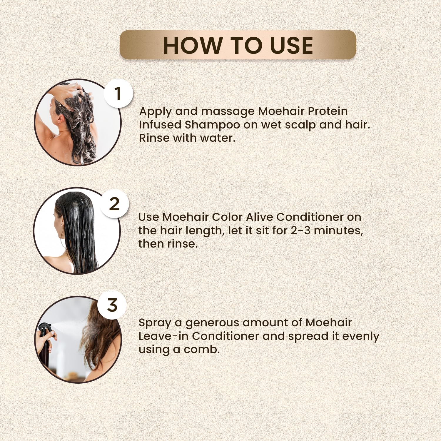 MOEHAIR Travel Trio ingredients closeup emphasizes natural, animal-free formulas.