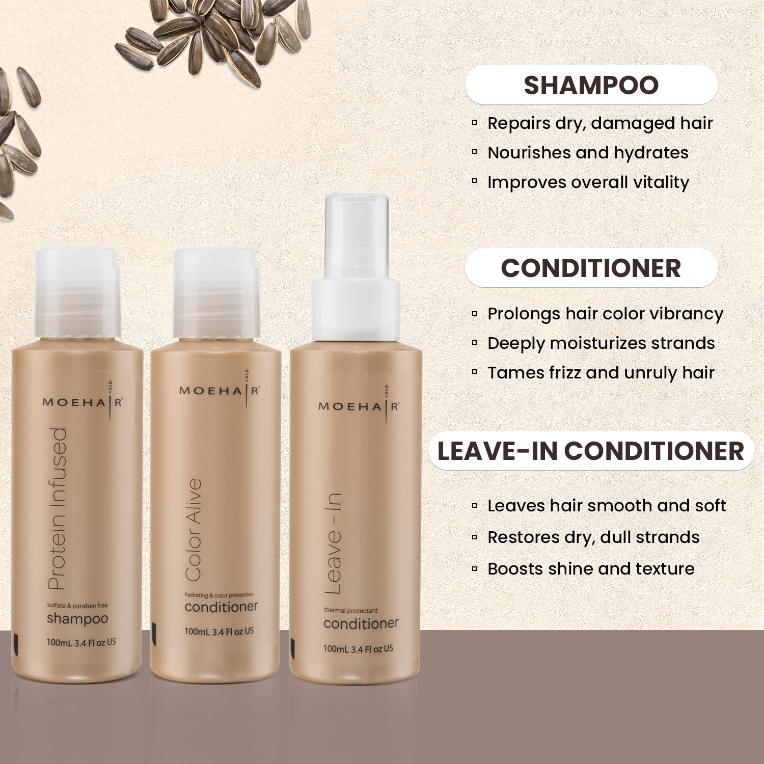 MOEHAIR Travel Trio leave-in bottle illustrates lightweight daily moisture and protection.