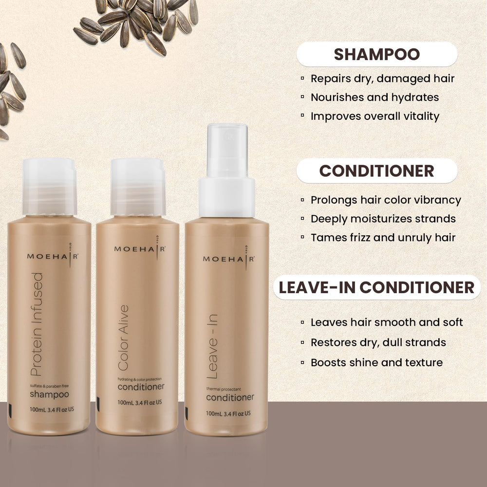 MOEHAIR Travel Trio leave-in bottle illustrates lightweight daily moisture and protection.