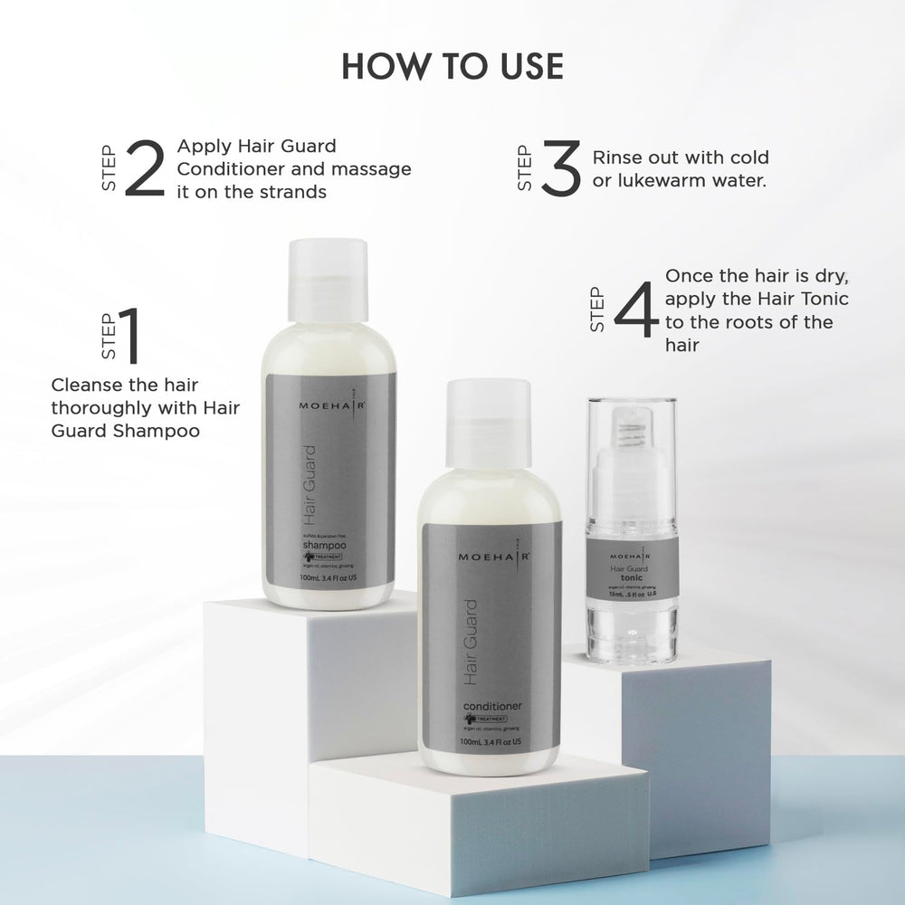 MOEHAIR Travel Trio packaging box shown for travel-ready set.