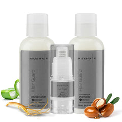 MOEHAIR Travel Trio shampoo bottle for on-the-go vitality.