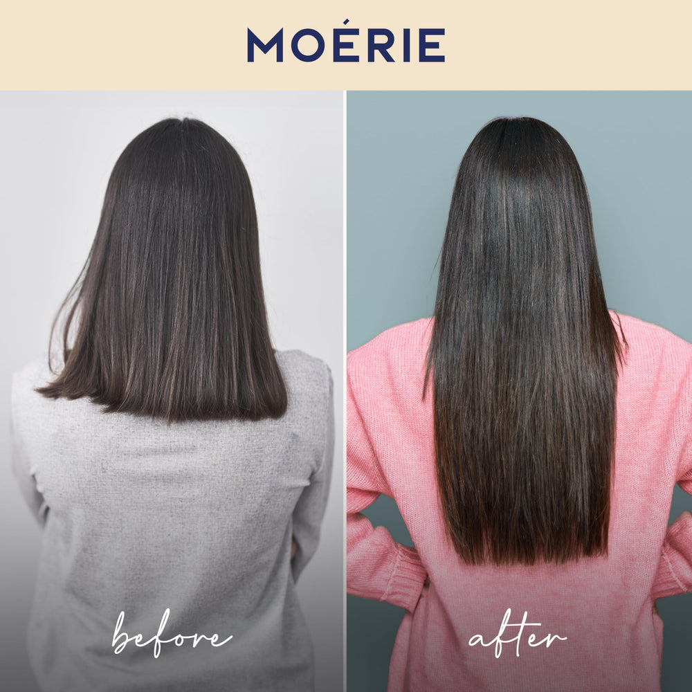 Moerie hair close-up showing shiny, voluminous strands