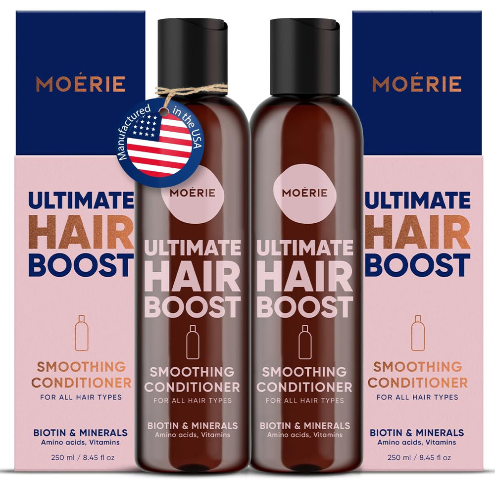 Moerie Ultimate Hair Growth Conditioner bottle on white background suggests fuller hair.