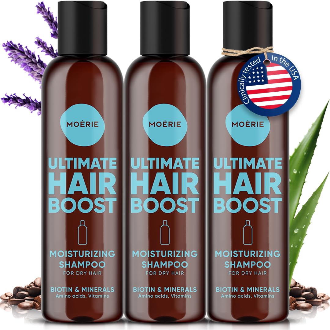 Moerie Ultimate Hair Growth Shampoo bottle close-up shows vegan formula for healthier-looking hair