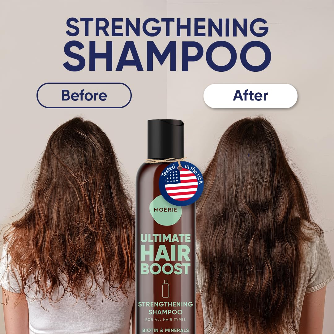 Moerie shampoo close-up shows vegan formula with fulvic minerals for healthy strands.