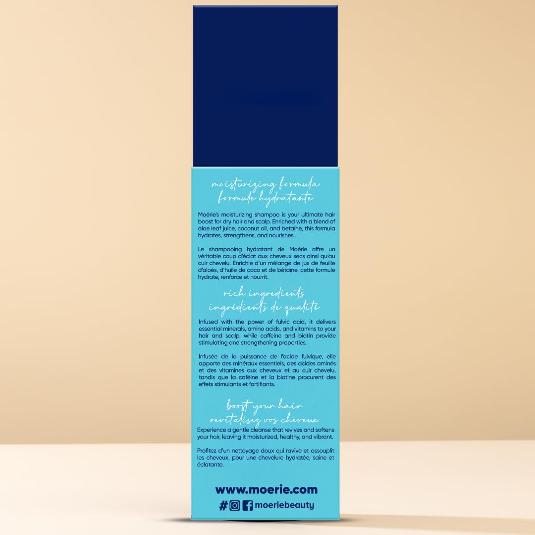 Moerie shampoo bottle on bathroom counter, simple routine for busy days.